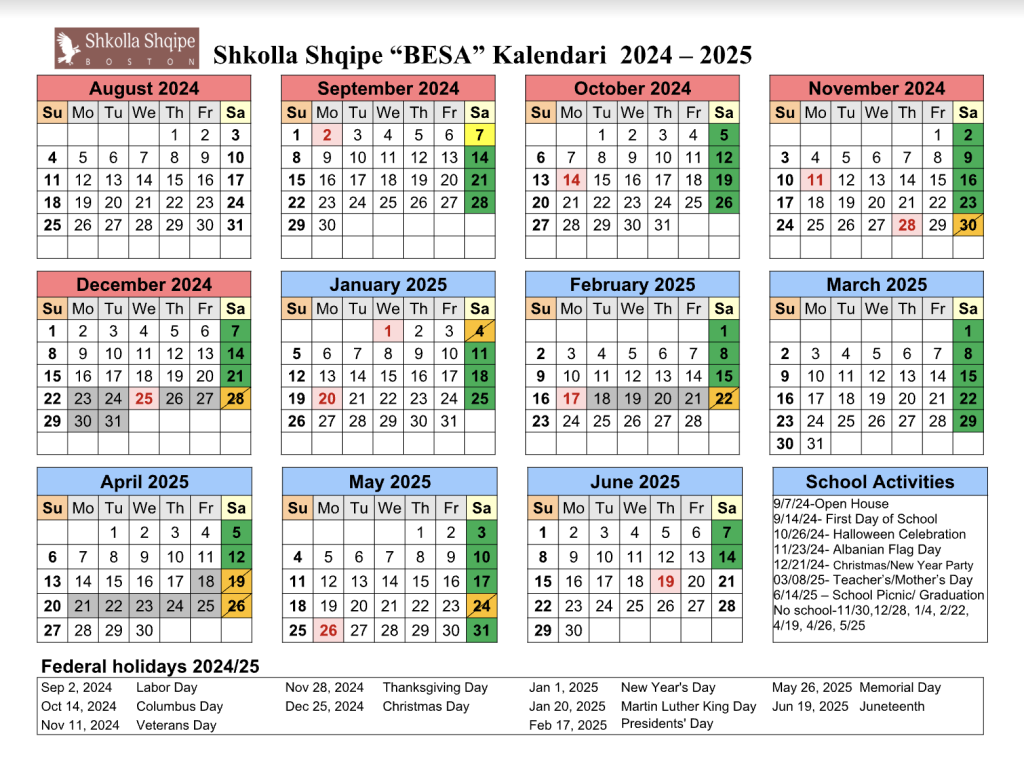 Shkolla Shqipe School Calendar